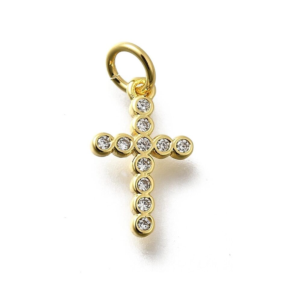 3076 10pcs Gold Plated Brass Cross Charms with Cubic Zirconia for DIY Craft